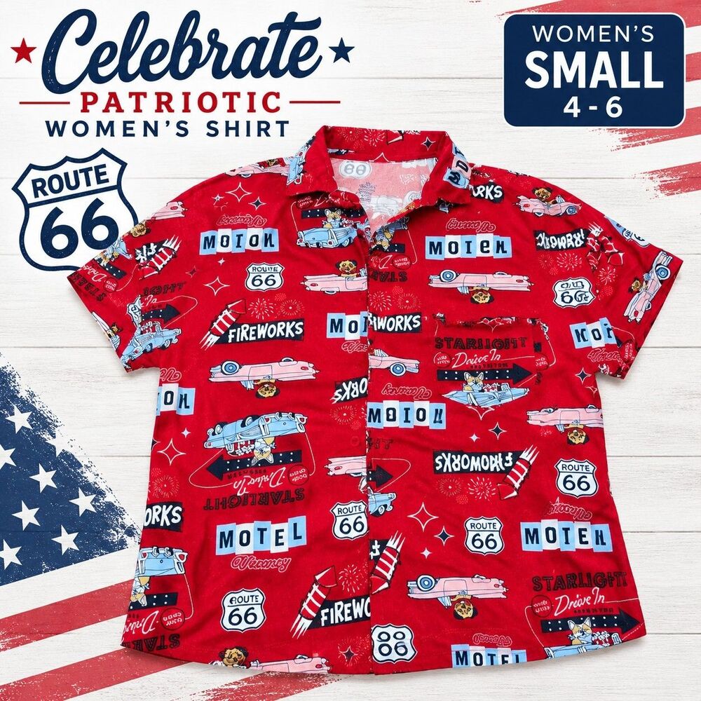 Celebrate Patriotic Women's Small 4-6 Route 66 Retro Americana Shirt